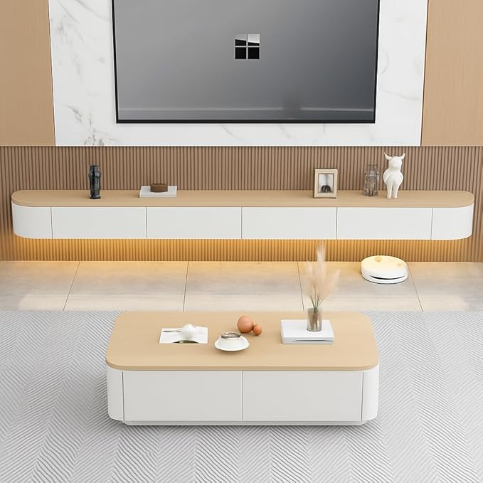 Floating TV Stand,47-118 Inch Wall Mounted TV Shelf,Modern Entertainment Center Media Console with Storage for Bedroom,Living Room (White/Wood with Light, 86.6")