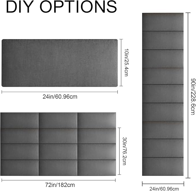 Upholstered Wall Mounted Headboard, 3D Soundproof Wall Panels Peel and Stick, Queen Size, Tufted, Dark Grey (9 Panels, 10" x 24")