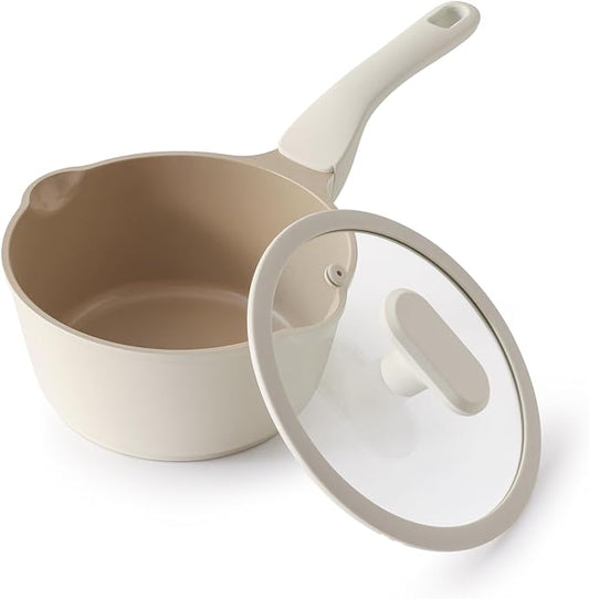 Ceramic Nonstick Saucepan with Lid, 2 Quart Non Toxic Pot with Pour Spouts, Full Coated, 100% Dishwasher Safe, Induction Compatible & Oven Safe, PTFE PFAS & PFOA Free, Coconut White