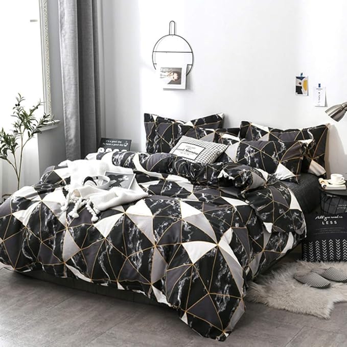 CLOTHKNOW Black White Marble Full Comforter Sets Triangle Bedding Comforter Sets Geometric Comforter Black Comforter with 2 x Pillow Cases