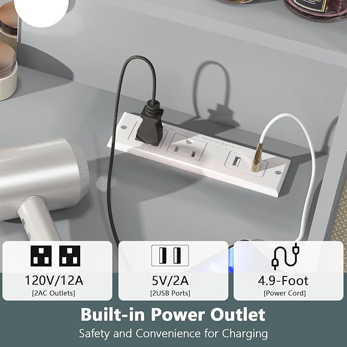 Quimoo Large Vanity Desk with LED Lighted Mirror & Power Outlet,Makeup Vanity Table with 7 Drawers,4 Shelves and 5 Hooks,Vanity Table, Vanity Desk Set for Bedroom,Bathroom,Grey