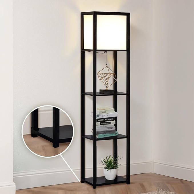 Floor Lamp with Shelves, 4-Tier Modern Shelf Floor Lamps, Corner Display Floor Lamp, Shelf Lamp with LED Bulb for Living Room, Bedroom and Office - Black