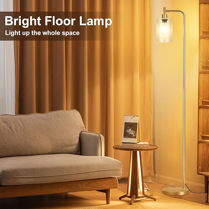 Floor Lamps for Living Room - Standing Lamp with Seeded Glass Shade, Modern Gold Floor Lamp with LED Bulbs, Bright Industrial Floor Lamp for Bedroom, Tall Lamp for Office - Gold