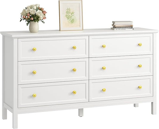 CARPETNAL White Dresser for Bedroom, 55 Inch 6 Drawer Dresser with Wide Drawer and Gold Handles, Woode Dressers & Chests of Drawers for Hallway, Entryway.