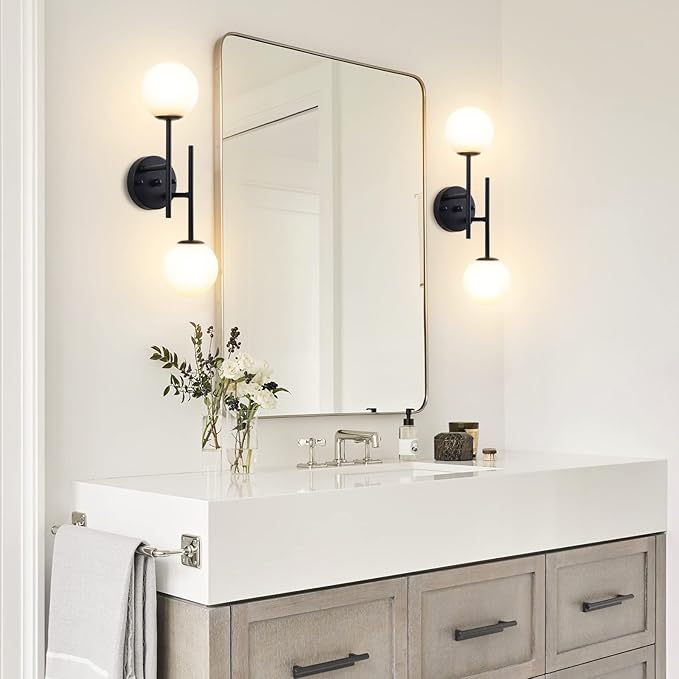 Black Globe Wall Sconces, 2-Light Modern Matte Black Vanity Lights with White Globe Glass Shade, Industrial Farmhouse Wall Lamp for Bedroom, Living Room, Kitchen, Bathroom