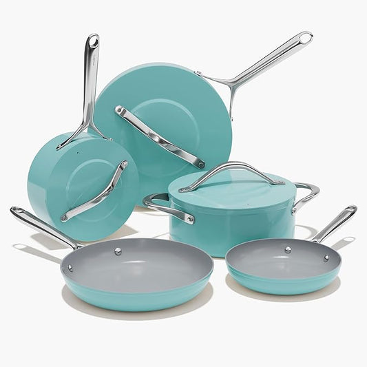 Ceramic Cookware Set Nonstick Pots and Pans Set 8 Pieces NonToxic PTFE/PFOA/PFAS Free All Cooktops Compatible Even Heat Distribution Oven Safe Up to 500°F, Caribbean Blue