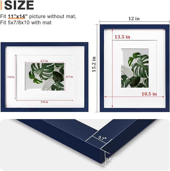 Egofine 11x14 Picture Frame Made of Solid Wood Covered by Plexiglass, Display Pictures 5x7/8x10 with Mat or 11x14 Without Mat for Table Top Display and Wall Mounting Photo Frame, Navy Blue