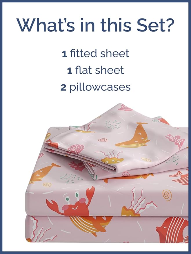 Kids Pink Fish Full 4 Piece Sheet Set - Boys, Girls, Teens, Toddler - Easy Fit Deep Pockets - Breathable, Hotel Quality Bedding Sheets - Machine Washable - Wrinkle Free - Cute, Cozy, Soft - CGK Linens