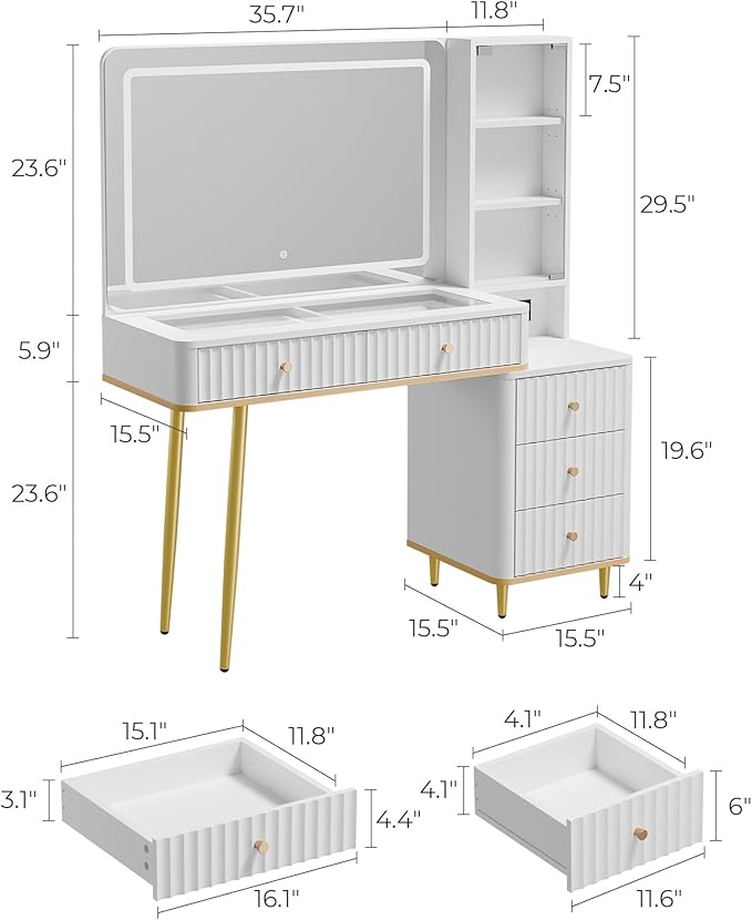 Fluted Vanity Desk with 36" Mirror and Lights, Makeup Vanity Desk with Glass Top, Dressing Table with 5 Drawers & Shelves, Wood Vanity Table for Bedroom(White)