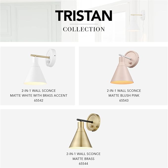 GLOBE Electric 65542 1-Light Plug-in or Hardwire Wall Sconce, Matte White, Brass Accent, Stepless Dimming Rotary Switch, Fabric Cord, Modern Lighting for Apartment or Renters, Home Decor