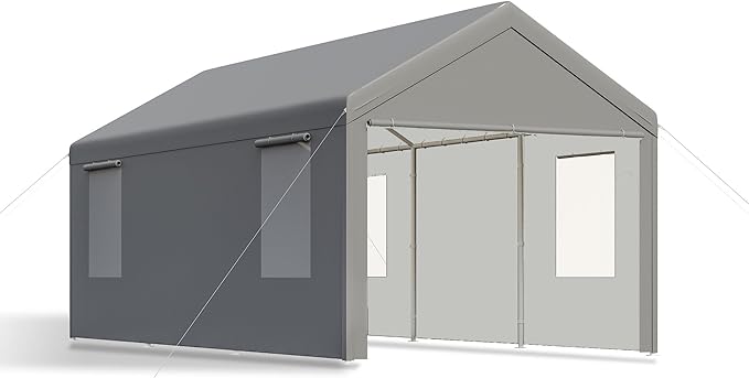 Carport, 12x20 ft Grey Heavy Duty Carport with Roll-up Windows, Portable Garage with Removable Sidewalls & Doors, Car Canopy and All-Season Tarp for Car Boat Truck Motorcycle