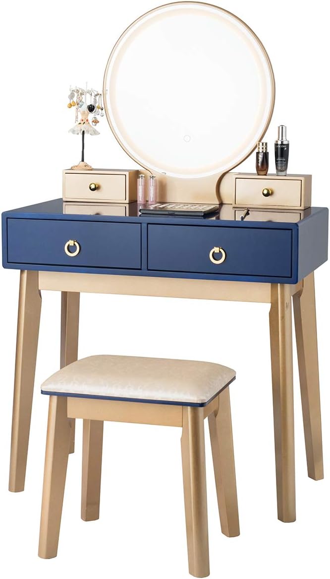 CHARMAID Vanity Desk with Lights, Navy Blue Makeup Vanity Desk with 3-Color Lighted Mirror, 4 Drawers, Cushioned Stool, Modern Bedroom Makeup Dressing Table for Small Place
