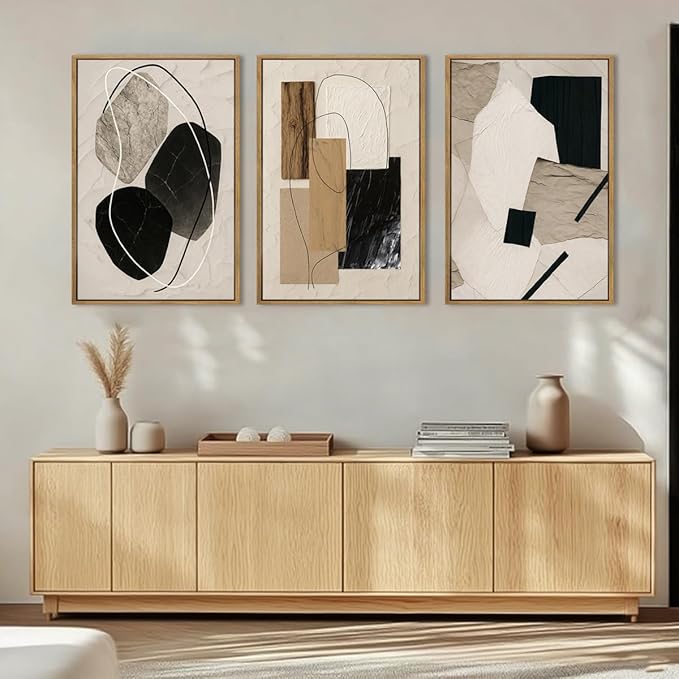 BINCUE Abstract Modern Wall Art Decor Framed Neutral Painting Prints Artwork for Living Room Bedroom 16x24 Inch Set of 3