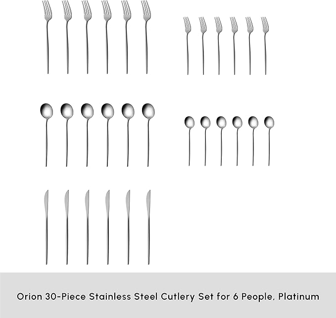Karaca Orion 30-Piece Cutlery Set for 6 People - 18/10 Stainless Steel Set, Tableware Flatware Silverware Set with Knife Fork Spoon Set, Mixed & Luxury Cutlery Set, Platinum