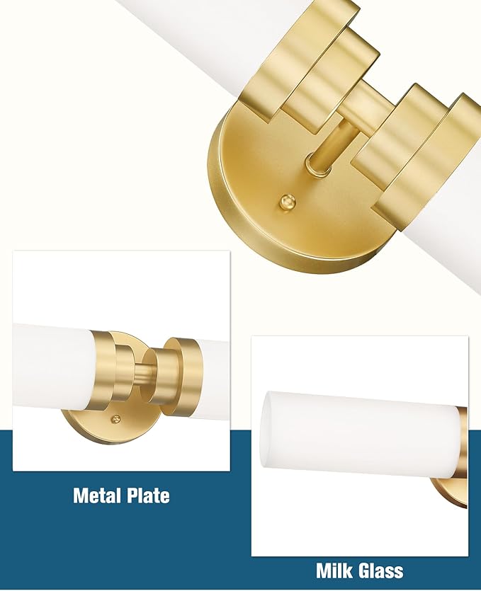 Emak Gold Vanity Lights for Mirror, 2-Light Bathroom Light Fixtures Over Mirror, Modern 21.69 Inch Wall Sconces with Milk Glass Shade for Bathroom, Bedroom, Hallway, VL085-GD-ML-2