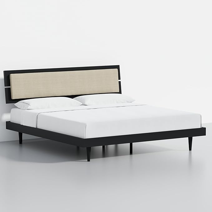 Modern Solid Wood Platform Bed with Adjustable Headboard with Cushion – No Box Spring Needed,Fast Assembly – King Size in Black
