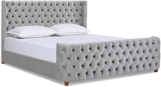 Jennifer Taylor Home Brooklyn King Tufted Panel Bed Headboard and Footboard Set, Opal Grey Velvet