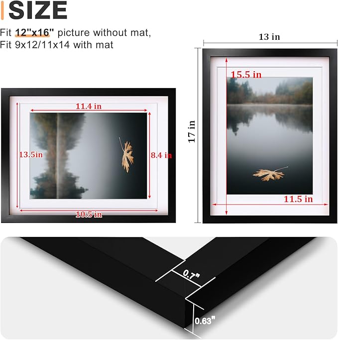 Egofine 12x16 Picture Frame Black Covered by Plexiglass Made of Solid Wood, Display Pictures 9x12 and 11x14 with Mat or 12x16 Without Mat for Wall Mounting Photo Frame