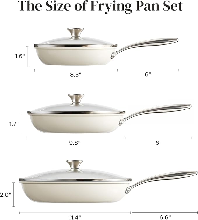 Redchef Nonstick Cookware Sets, Frying Pan Set with Tempered Glass Lids, Ceramic Cookware Set, Stay-Cool Handles, Dishwasher & Oven Safe, Compatible with All Cooktops, Beige (8+9.5+11 Inch)