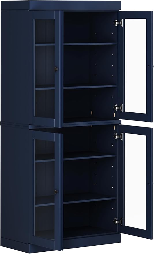 Palace Imports Solid Wood Bookcase - 6-Tier Bookshelf, 71.5” H x 32” W - Navy Blue, Clear Glass Cabinet Doors & Adjustable Shelves, Tall Bookcase, 100% Renewable Eco-Friendly Wood, Made in Brazil