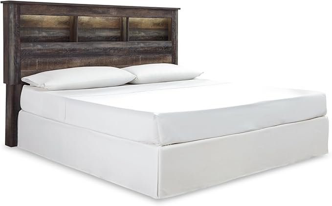 Signature Design by Ashley Drystan Rustic Industrial King/California King Bookcase Headboard with 3 Open Cubbies & Dimming LED Light, Weatherworn Brown