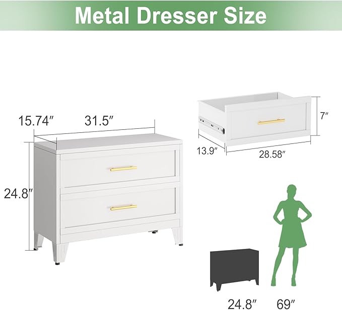 Metal Dresser for Bedroom 2 Drawers Dresser Metal Storage Dressers Organizer,24.8" H White Drawer Chest, Closet Organizers for Living Room, Hallway, Closet