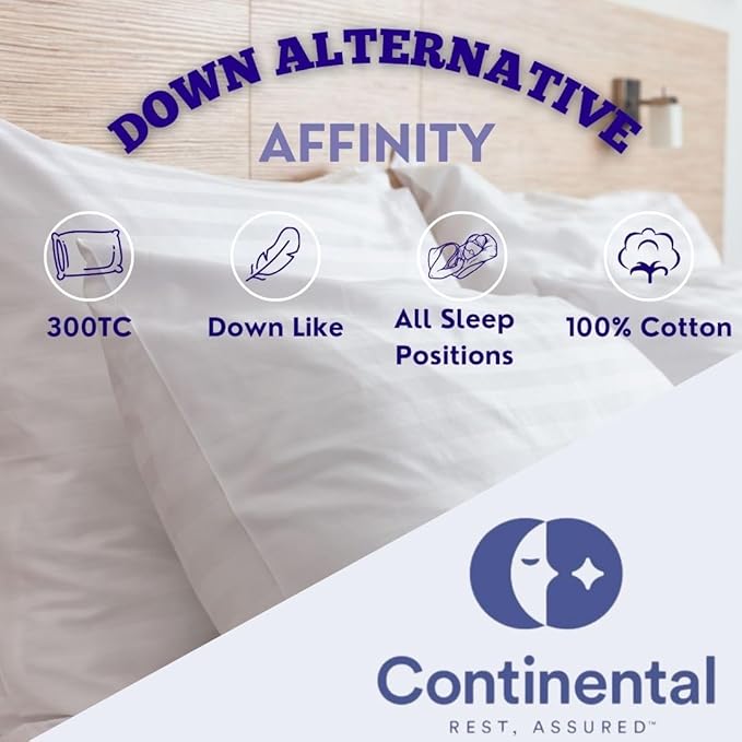 Continental Bedding Affinity Down Alternative Bed Pillow - Standard Size - 100% Soft Cotton Pillow - Pack of 2 - Polyester Pillow for Sleeping