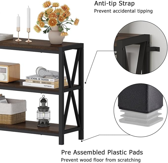 FATORRI Console Table for Entryway, Modern Entry Table with 3 Tier Shelves, Couch Tables Behind Sofa for Living Room (55 Inch, Dark Walnut)