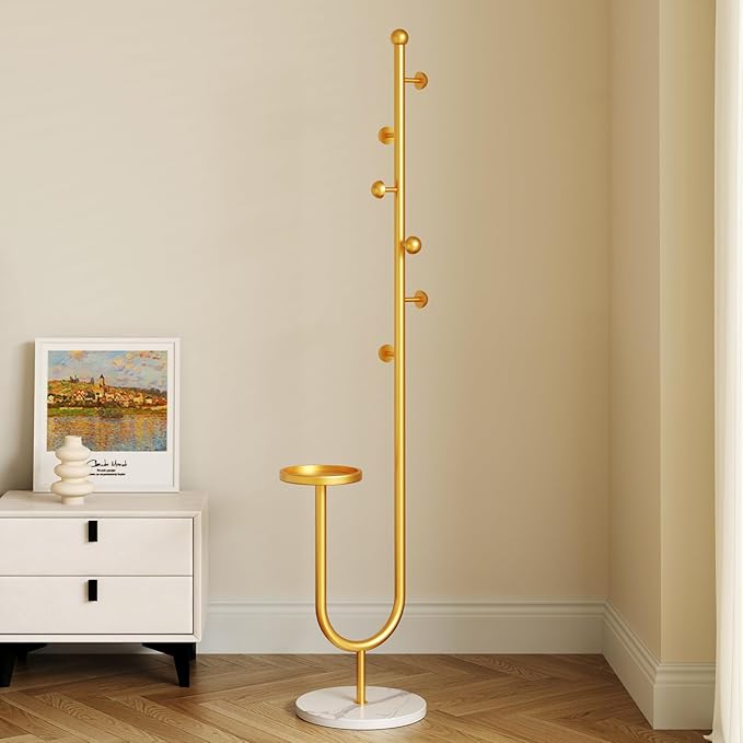 Coat Rack,Metal Free Standing Coat Stand with marble base, Hall Coat Tree with 6 Hooks and Storage Tray,68.9 Inch Tall, for Coats, Hats, Bags, for Entryway, Hallway, Bedroom (gold)
