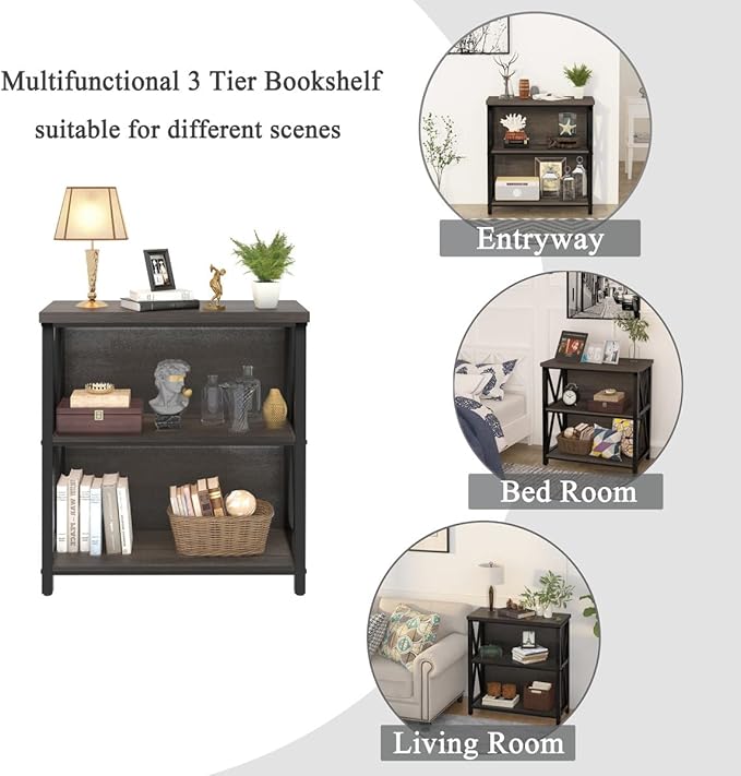FATORRI Rustic Small 3 Shelf Bookshelf for Living Room, Industrial Low Wood Bookcase, Farmhouse Short Book Shelf for Small Space (Walnut Brown)