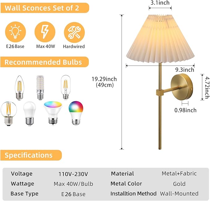 Wall Sconces Sets of 2 White Fabric lampshade Gold Wall Lamp Column Bracket Wall Lighting Bathroom Dresser Hardwired lamp Applicable to Living Room Bedroom Dining Room