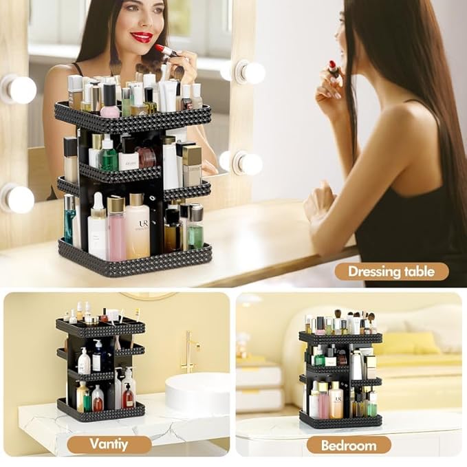 360° Rotating Makeup Organizer, Organizador De Perfumes Large Capacity Cosmetics Storage Vanity Shelf Countertop, Fits Cosmetics, Perfume, Skin Care, Lipsticks (Black)