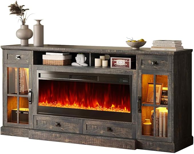 AMERLIFE 70“ Fireplace TV Stand for 80 Inch TV, Farmhouse TV Stand with 42" Fireplace & LED Lights, Entertainment Center with Storage Drawers & Cabinets, Dark Rustic Oak