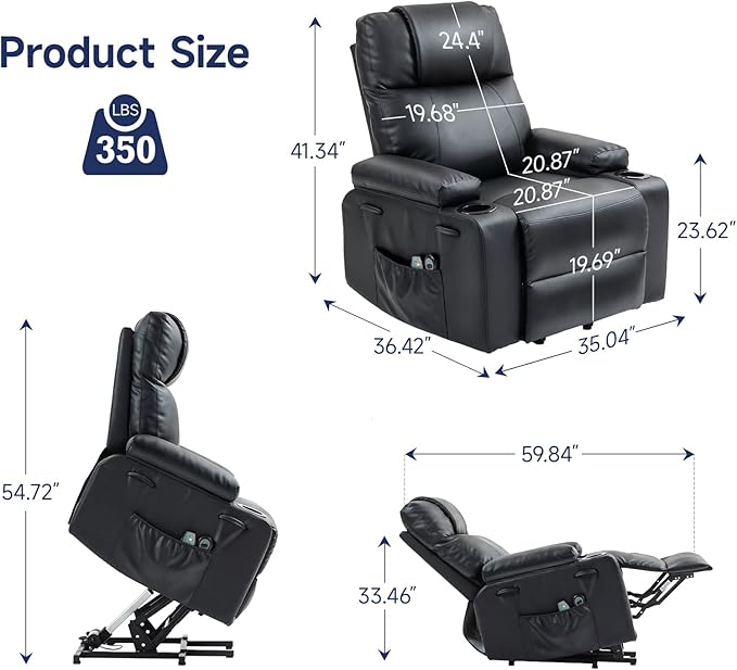 Power Lift Recliner Chair for Elderly with Massage & Heat, 160° Adjustable PU Leather Electric Recliner with Remote, Cup Holders, Side Pockets, and Stand Assist for Living Room, Bedroom (Black)