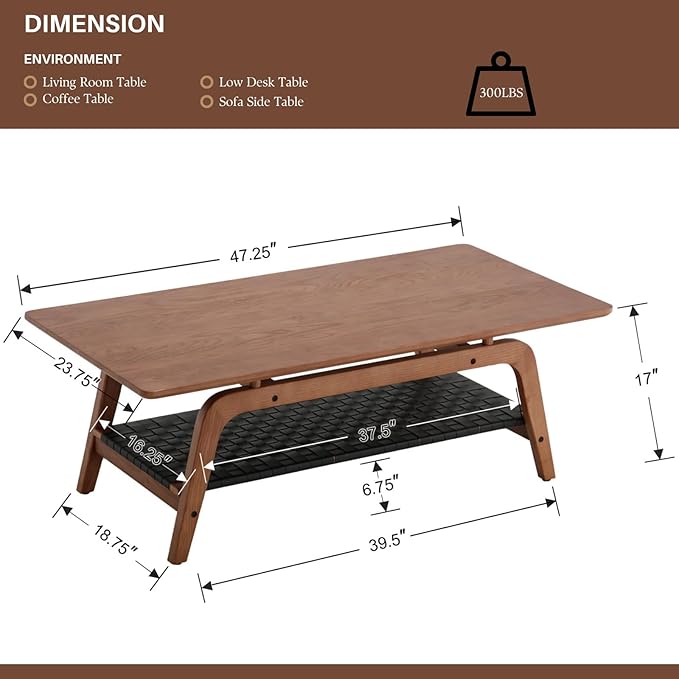 Solid Wood Coffee Table for Living Room, 47” Mid Century Modern 2-Tier Storage Coffee Table Rectangular Coffee Tables with Faux Leather Shelf Storage for Office Apartment, Walnut