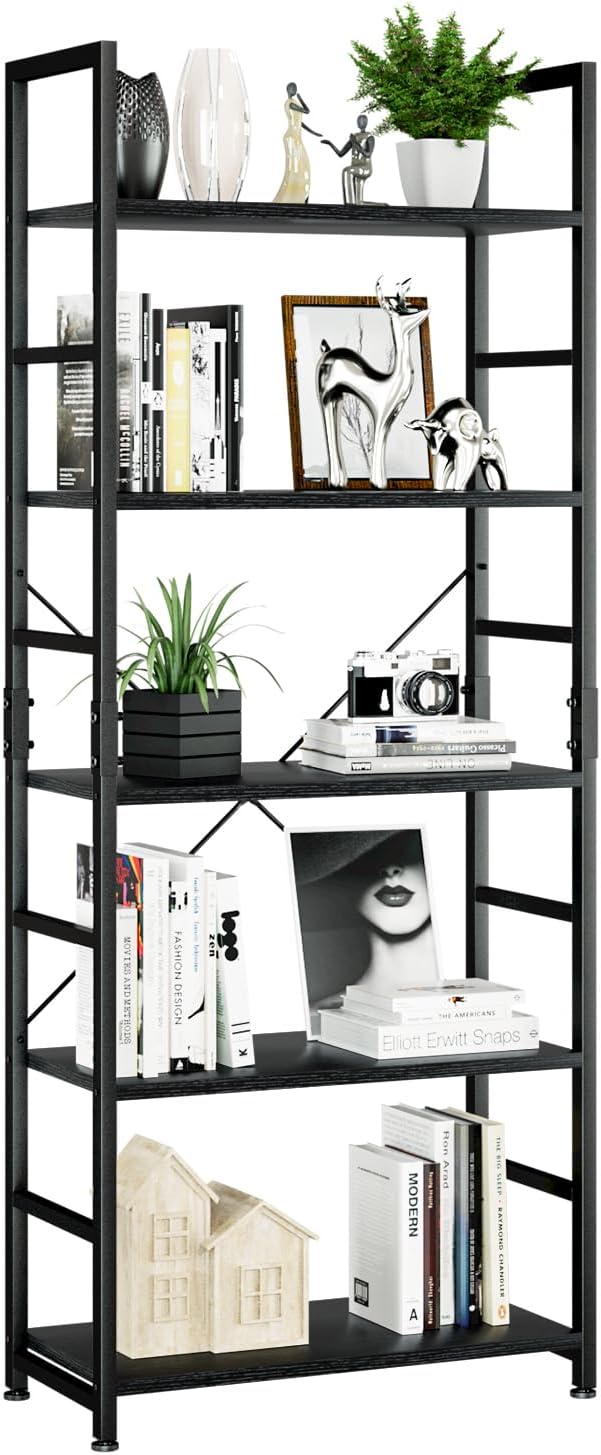 NUMENN 5 Tier Bookshelf, Tall Bookcase Shelf Storage Organizer, Modern Book Shelf for Bedroom, Living Room and Home Office, Black