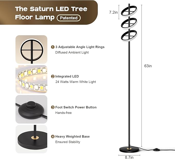 Modern LED Floor Lamp - Adjustable 3 Saturn Rings-Contemporary Tall Standing Lamp for Living Room & Office Bedroom Reading-Black