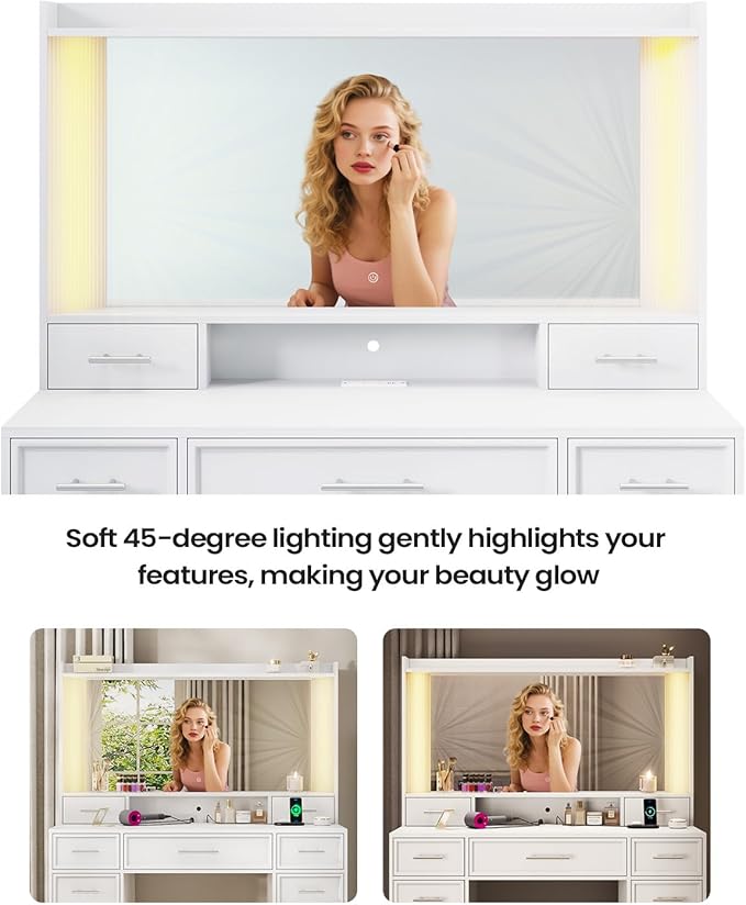 AOGLLATI Vanity Desk with Mirror and Lights, Makeup Vanity Desk with Lights, Large Mirror with Charging Station and 3 Color Lightbox, White Vanity Table with 7 Drawers for Bedroom, White