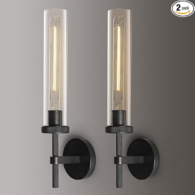 Modern Black Wall Sconces Bathroom Vanity Light Fixtures, Glass Tube Wall Sconces Set of Two, sconces wall lighting indoors, Wall Lights for Mirror, Living Room, Bedroom, Hallway (including bulb)