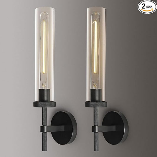 Modern Black Wall Sconces Bathroom Vanity Light Fixtures, Glass Tube Wall Sconces Set of Two, sconces wall lighting indoors, Wall Lights for Mirror, Living Room, Bedroom, Hallway (including bulb)