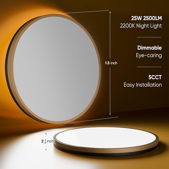 13 Inch Flush Mount Ceiling Light with Remote Control & Night Light, 5CCT Dimmable Ceiling Light Fixture, 25W 2500LM 2700K-6500K Adjustable LED Ceiling Lights for Bedroom Kitchen Living Room