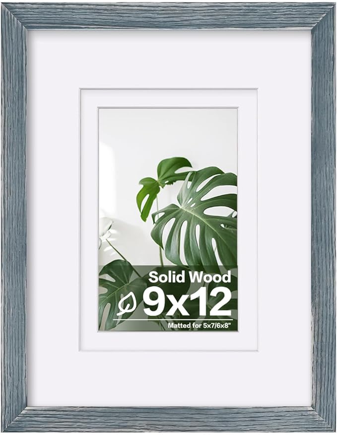 Egofine 9x12 Picture Frame Made of Solid Wood Covered by Plexiglass, Wood Frame for Pictures 5x7/6x8 with Mat or 9x12 without Mat, Tabletop and Wall Mounting Display, Rustic Blue