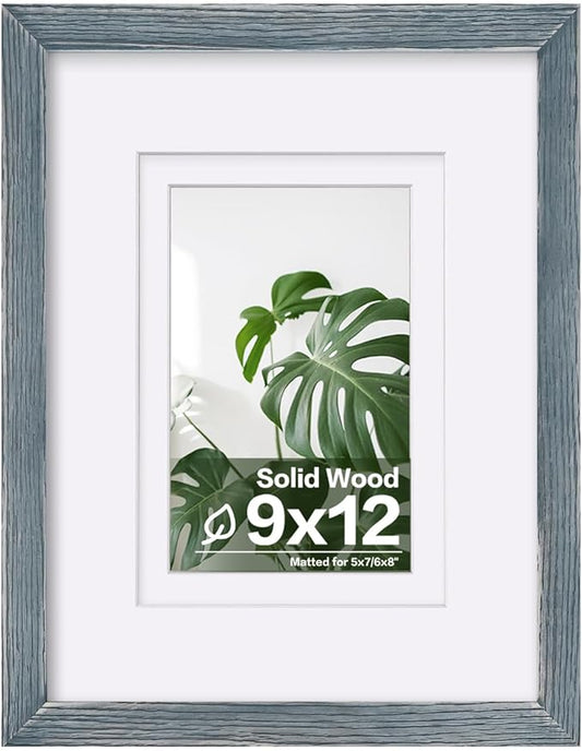 Egofine 9x12 Picture Frame Made of Solid Wood Covered by Plexiglass, Wood Frame for Pictures 5x7/6x8 with Mat or 9x12 without Mat, Tabletop and Wall Mounting Display, Rustic Blue