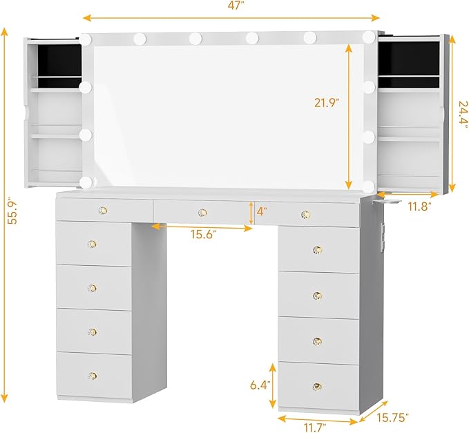 Likein Vanity Desk with Mirror and Lights, White Vanity with Hidden Jewelry Storage Cabinet, Charging Station, 11 Drawers Makeup Vanity with Lights, Crystal Knobs, 3 Color Lighting Modes for Girls