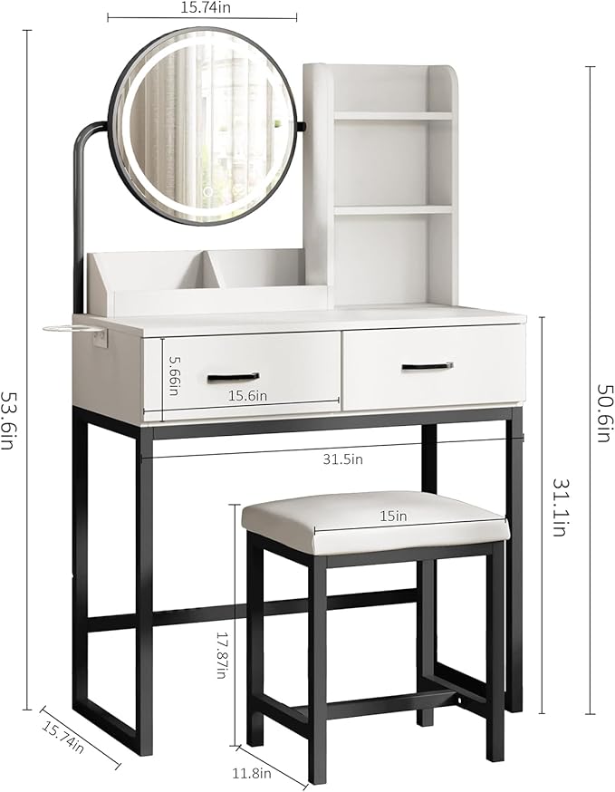 Makeup Vanity Desk with Mirror and Lights, Cute Vanity Makeup Table, Small Vanity Table for Bedroom with Lots Storage, 3 Lighting Modes, 31.5in(L)