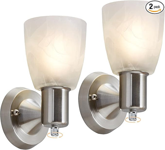 Wall Sconces Set of 2, Brushed Nickel Vanity Lights for Bathroom, Modern Wall Light Fixtures with Rotary Switch, Wall Mount Light with Frosted Glass, Farmhouse Wall Lamp for Bedroom Living Room