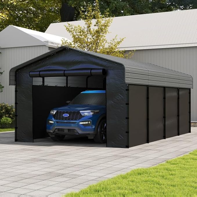 Real Relax 12'x20' Heavy Duty Metal Carport, Outdoor Garage Car Shelter Shade with Galvanized Roof & Removable Sidewalls, Heavier Metal Frame for Car and Boats, Truck Grey