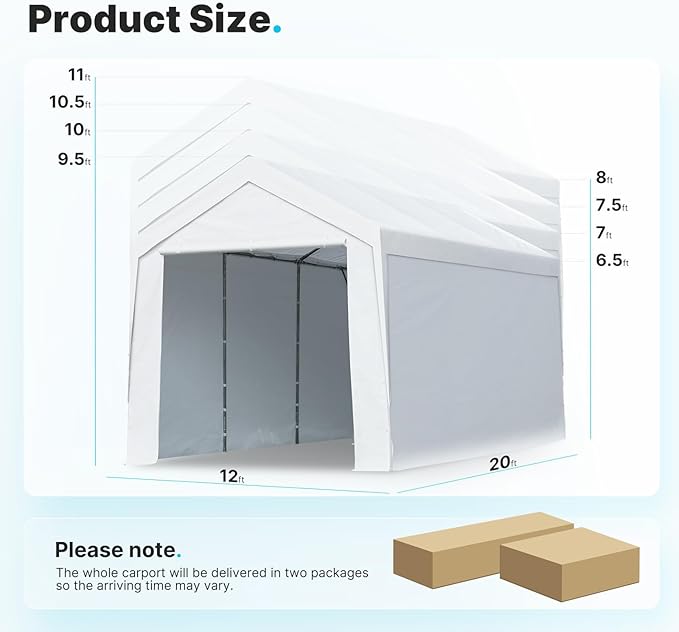 ADVANCE OUTDOOR 12x20 ft Heavy Duty Carport Garage Shelter, Adjustable Height (6.5-11ft) Waterproof Canopy with Removable Sidewalls for Cars, RV, Boat, Truck, Party - White