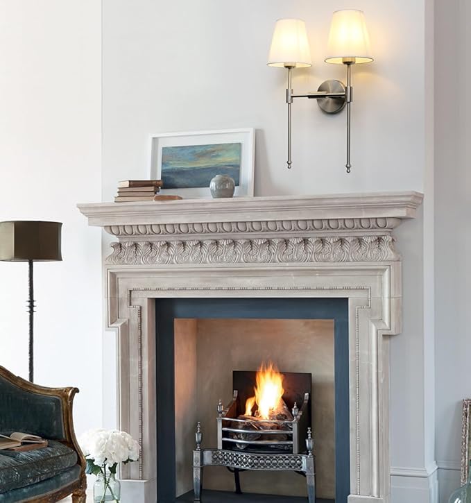 PERMO Classic Transitional Double Sconce 2-Lights Wall Sconce Lighting Fixture with Flared White Textile Lampshade and Brushed Nickel Finished Long Arm for Indoor Bathroom Bedroom Bedside