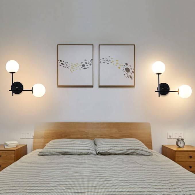 Black Globe Wall Sconces, 2-Light Modern Matte Black Vanity Lights with White Globe Glass Shade, Industrial Farmhouse Wall Lamp for Bedroom, Living Room, Kitchen, Bathroom